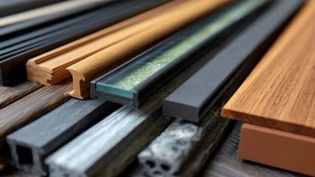 Close medium shot of diverse deck railing materials laid out illustrating choices between wood glass and metal for secure outdoor environments.