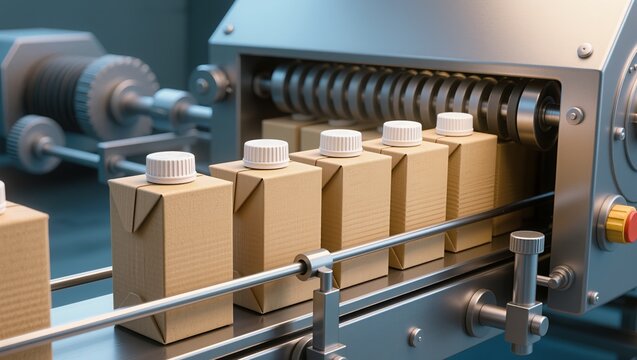 Close-up of a production line with cardboard containers and white plastic lids on a conveyor. Highlights automated packaging, sealing, and beverage industry production efficiency