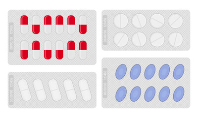 Pharmaceutical blister packs set isolated on white. Vector illustration of capsules and tablets for pharmacy branding, medical packaging mockups, healthcare infographics, drug prescription concepts