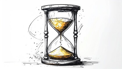 Pen and ink illustration of a classic hourglass with flowing sand