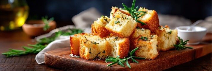 Fresh rosemary garlic bread cubes on wooden board
