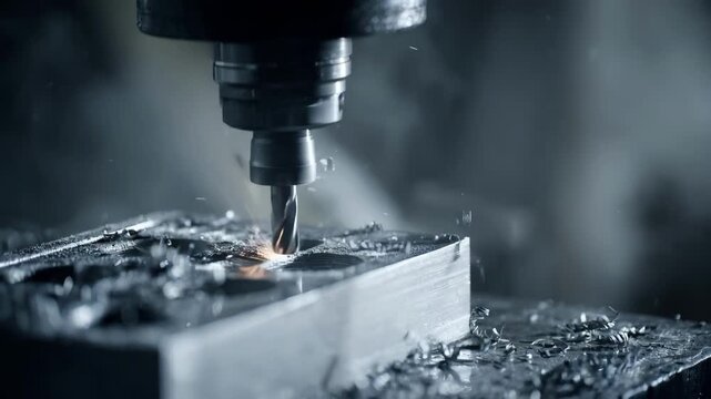 Medium shot capturing a CNC drilling operation on a cast metal piece highlighting exact hole placement and the cutting bit penetrating the material with metal shavings visible.