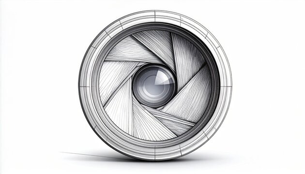 Artistic, sketched camera aperture, lens and blades against white background