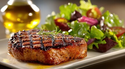 Grilled steak serving fresh green salad and olive oil