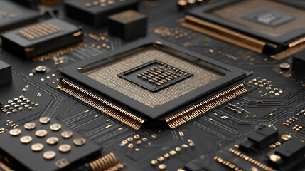 Close-up of a computer CPU chip on a circuit board, highlighting intricate processor details, advanced technology, and digital computing innovation.
