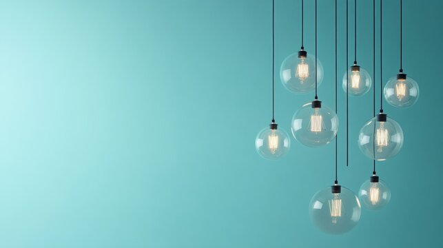 Contemporary designer light bulbs of varying sizes hanging at different heights against robin's egg blue wall, architecturally inspired geometric bulb shapes, LED technology with visible components,