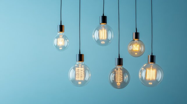 Contemporary designer light bulbs of varying sizes hanging at different heights against robin's egg blue wall, architecturally inspired geometric bulb shapes, LED technology with visible components,