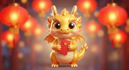 Adorable golden dragon holds lucky red envelope, festive lanterns, good fortune