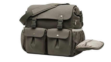 Gray canvas messenger bag with multiple pockets and zippers