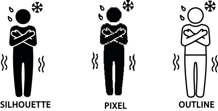 Silhouette and pixel icons depicting a person shivering in the cold weather
