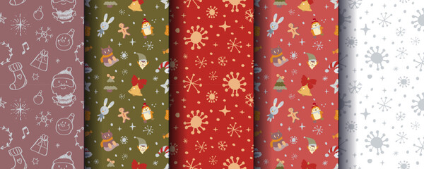 Set of 5 cute cosy seamless Christmas ornaments with festive winter elements. Perfect for holiday backgrounds, wrapping, cards, textiles, packaging, prints and seasonal designs. Vector format.