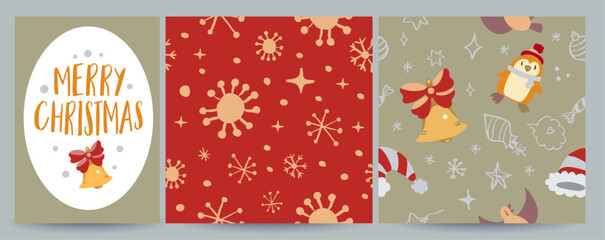 Vector set including 1 Christmas social media greeting card and 2 seamless holiday patterns with doodles. Festive, cozy and versatile for posts, banners, gift wrap, prints, textiles and seasonal desig