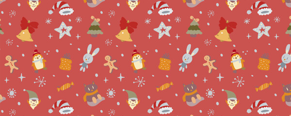 Horizontal vector wrapping paper design with a seamless Christmas pattern. Festive, bright, and cozy. Perfect for gift wrap, retail packaging, holiday branding, prints, and seasonal decorations.