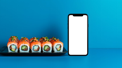 A smartphone with a white screen mockup stands next to a delicious restaurant set of sushi rolls against a blue studio background
