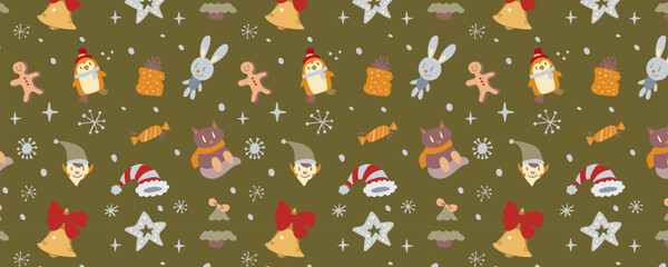 Horizontal vector wrapping paper design with a seamless Christmas pattern. Festive, bright, and cozy. Perfect for gift wrap, retail packaging, holiday branding, prints, and seasonal decorations.