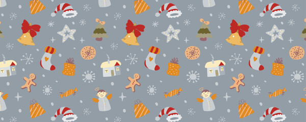 Horizontal vector wrapping paper design with a seamless Christmas pattern. Festive, bright, and cozy. Perfect for gift wrap, retail packaging, holiday branding, prints, and seasonal decorations.