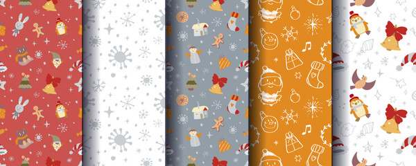 Set of 5 cute cosy seamless Christmas ornaments with festive winter elements. Perfect for holiday backgrounds, wrapping, cards, textiles, packaging, prints and seasonal designs. Vector format.