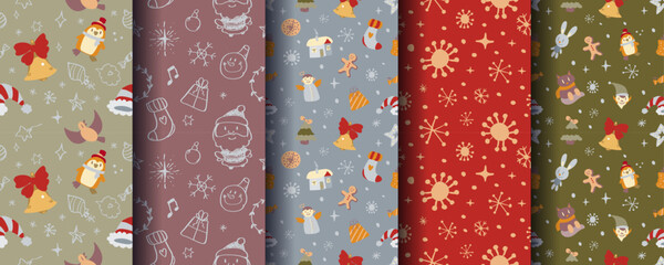 Set of 5 cute cosy seamless Christmas ornaments with festive winter elements. Perfect for holiday backgrounds, wrapping, cards, textiles, packaging, prints and seasonal designs. Vector format.