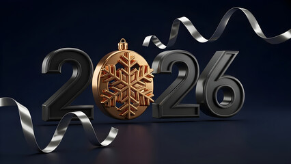 Obraz premium 2026 numerals with a golden snowflake inside the zero on a dark blue background, horizontal New Year celebration banner and winter holiday calendar or greeting card template with copy space.​