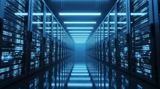 A futuristic server room illuminated by blue lights, showcasing rows of storage devices