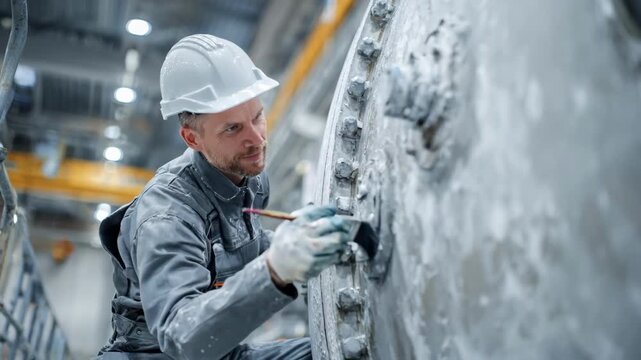 Industrial professional repairing ceramic coating inside a chemical reactor focusing on restoring heatresistant layers for optimal performance
