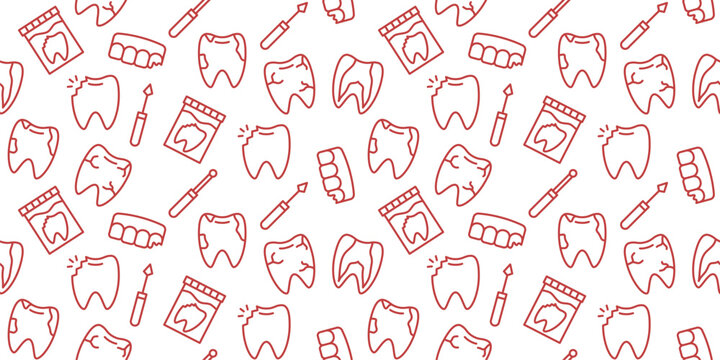 Seamless Pattern Dental Line Art Icons Featuring Healthy Teeth Toothbrushes Dentures and Dental X-rays for Clinic Branding Oral Hygiene Education Backgrounds or Medical Wallpaper