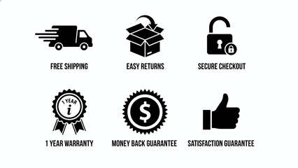 Icons representing free shipping, easy returns, secure checkout, warranty, money back, and satisfaction guarantees for online purchases