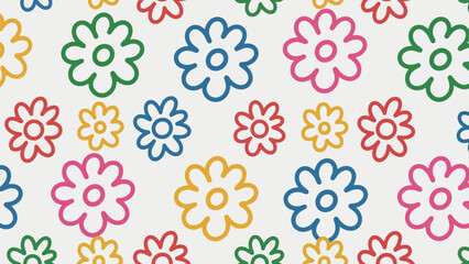 Playful and bright seamless floral pattern with sketched outlines in a joyful spectrum of colors on a crisp white background, radiating cheerfulness