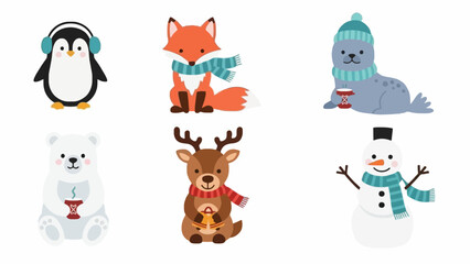 Cute cartoon winter characters collection penguin, fox, seal, polar bear, reindeer, and snowman illustration for festive season designs and holiday greetings © dale