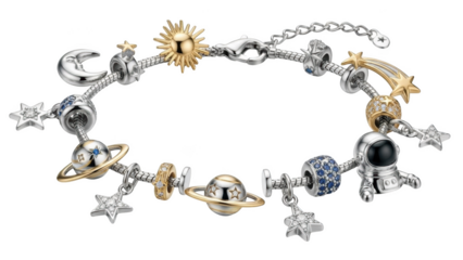 Silver charm bracelet with celestial and space themed charms