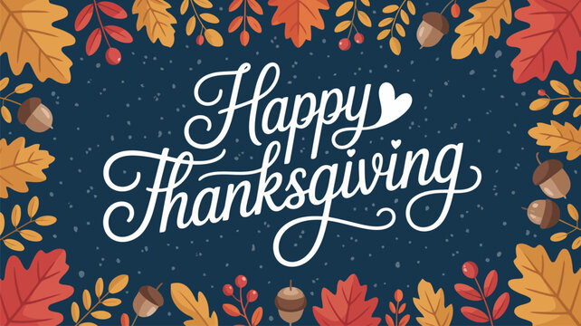 Happy Thanksgiving text message surrounded by colorful autumn leaves and acorns on a dark background - Powered by Adobe