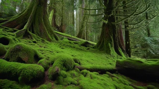 Oldgrowth Woods With Lush Moss Covering Ground, Shaded Forest Floor With Knotted Roots And Mossy Terrain