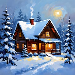 Winter Wonderland Wooden House Oil Painting