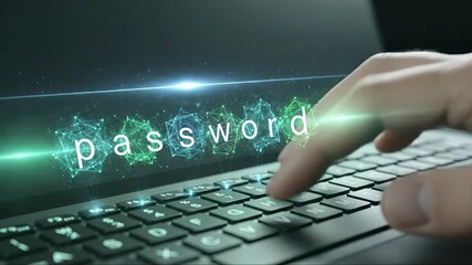 Typing password on laptop keyboard with digital network graphic overlay and glowing effect - Powered by Adobe