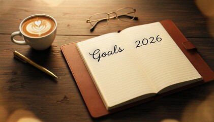 New Year Planning Concept: Notebook with 'Goals 2026' Written on Page Beside a Coffee Cup and Eyeglasses on a Wooden Desk