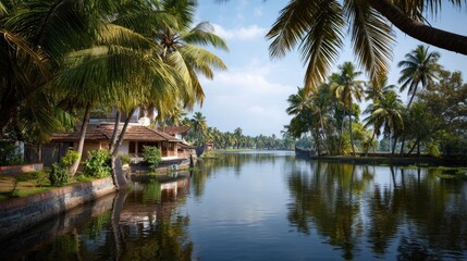 Obraz premium Serene Backwater Landscape with Lush Palm Trees and Traditional House in Kerala, India