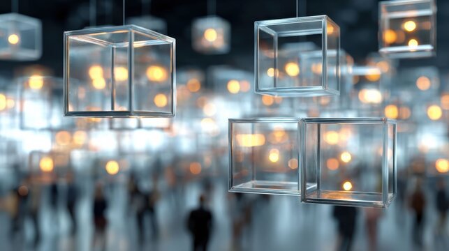 A surreal digital art scene showing people enclosed in glowing transparent cubes, symbolizing isolation, individuality, and the invisible barriers of modern online life.