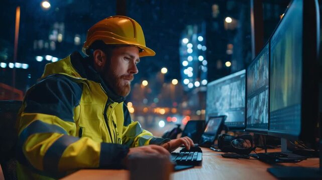 Medium shot showing a control panel operator monitoring realtime data from a laser thickness inspection machine in a modern manufacturing plant.