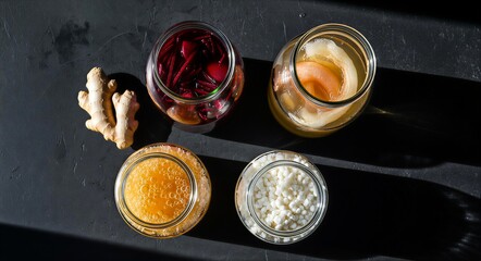Various Probiotic Starters Including Kombucha Scoby, Water Kefir Grains, and Beet Kvass in Glass Jars with Fresh Ginger Root on a Dark Background
