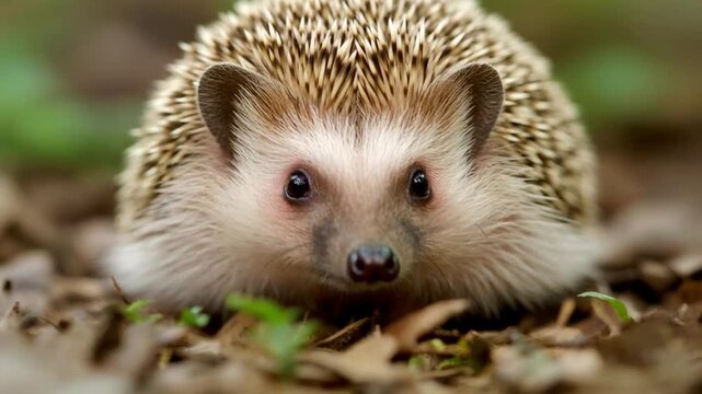 Ultra HD hedgehog face close-up with ultra-detailed spikes and soft shallow depth of field in a gentle woodland, 4k cinematic.