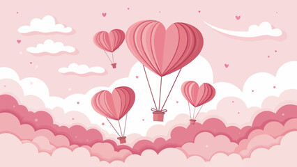 Heart shaped hot air balloons flying in pink cloudy sky