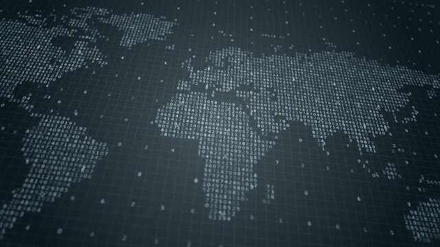 Futuristic Digital World Map with Animated Data Numbers and Grid for Global Technology and Connectivity Concepts