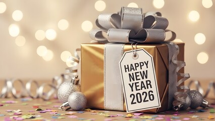 Elegant New Year 2026 Gift Box with Festive Bokeh and Confetti