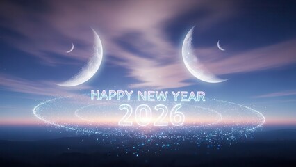 Happy new year 2026 greeting with moon phases in the sky