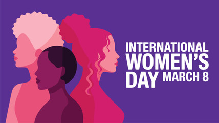 International Womens Day celebration shown with diverse female silhouettes on a purple background