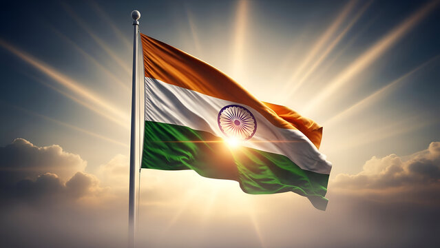 Republic day india national flag waving with ashoka chakra under sunrise light representing independence army sacrifice shaid martyrs divas pride patriotism identity for commercial design 