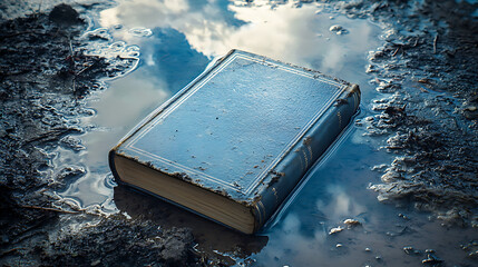 A book is laying on top of a puddle of water