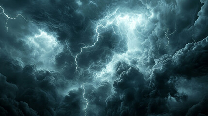 Dramatic dark storm clouds with bright lightning streaks illuminating the sky, capturing intense weather energy and dynamic atmospheric tension.
