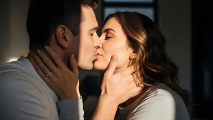 Naklejka premium Romantic couple sharing intimate kiss in dimly lit room