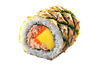 Sushi roll with pineapple "skin" and filling, rice & orange inside